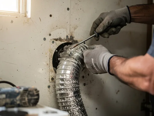 San Juan Capistrano Dryer Vent Cleaning technician performing precise dryer vent hose installation in San Juan Capistrano